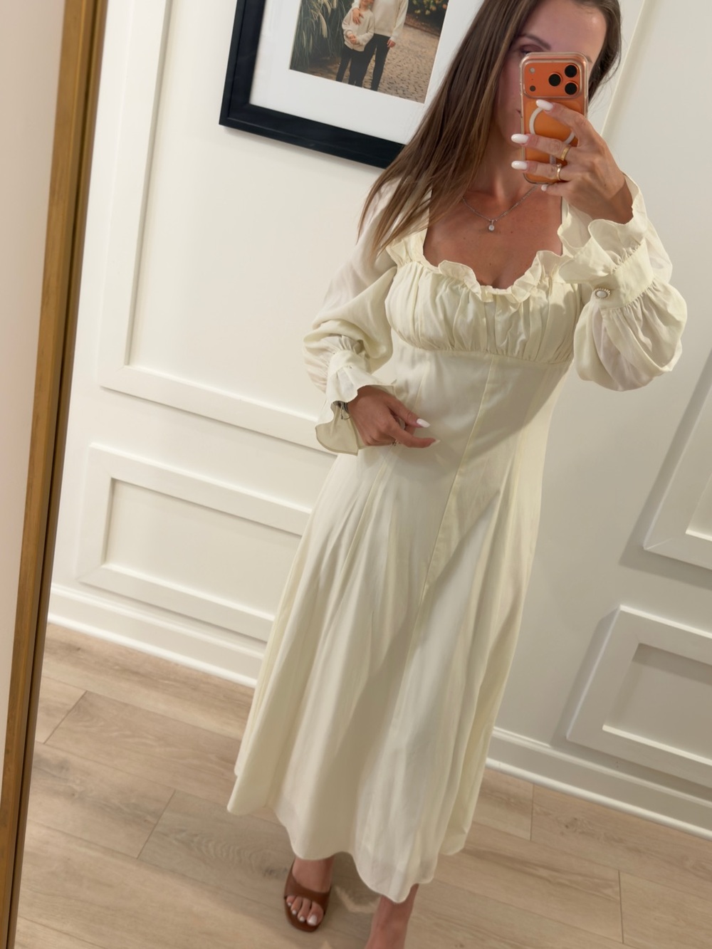 Ivory Ruffled-Neck Midi Dress with Long Puff Sleeves